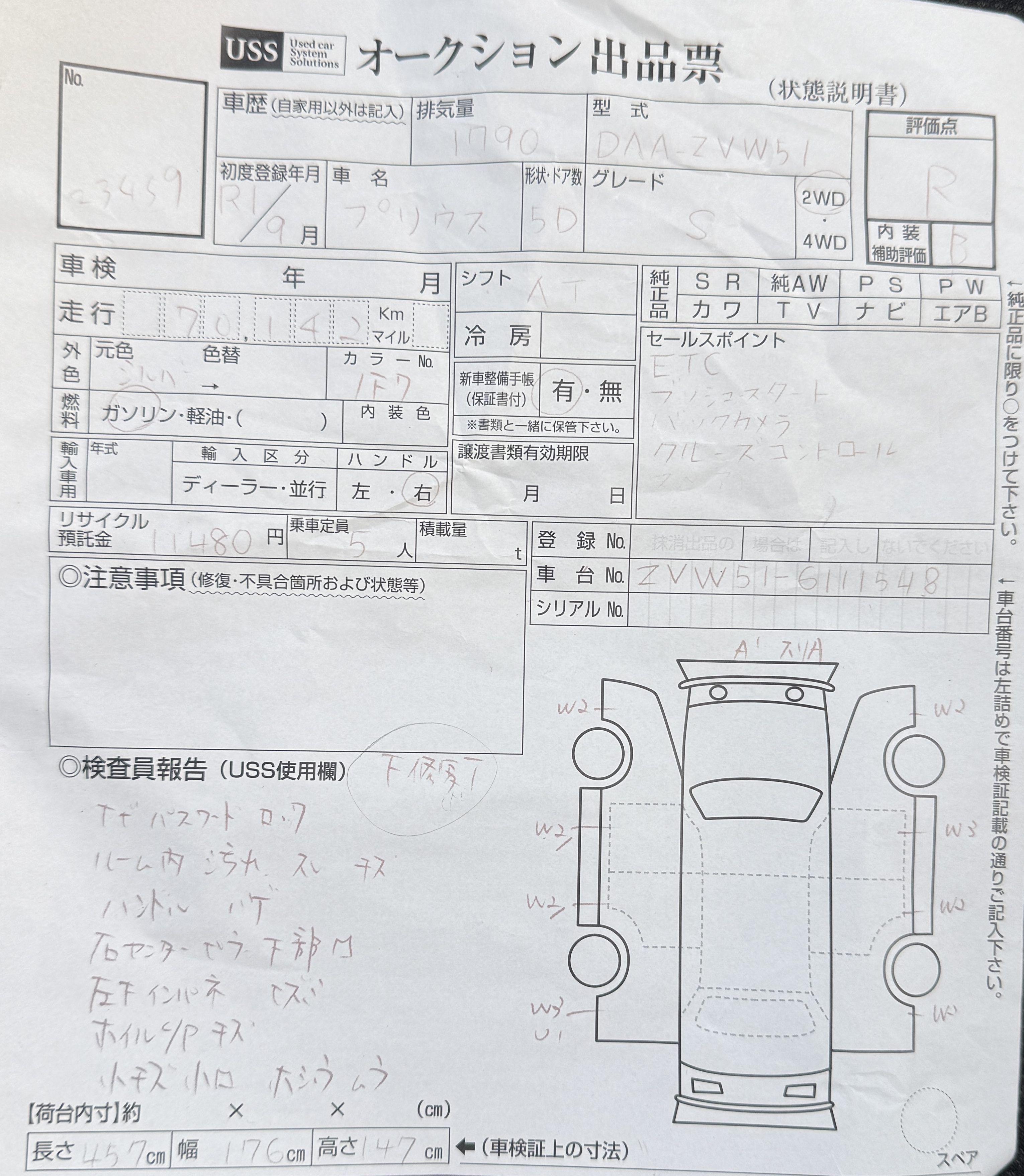 Original auction condition report for 2019 Toyota Prius