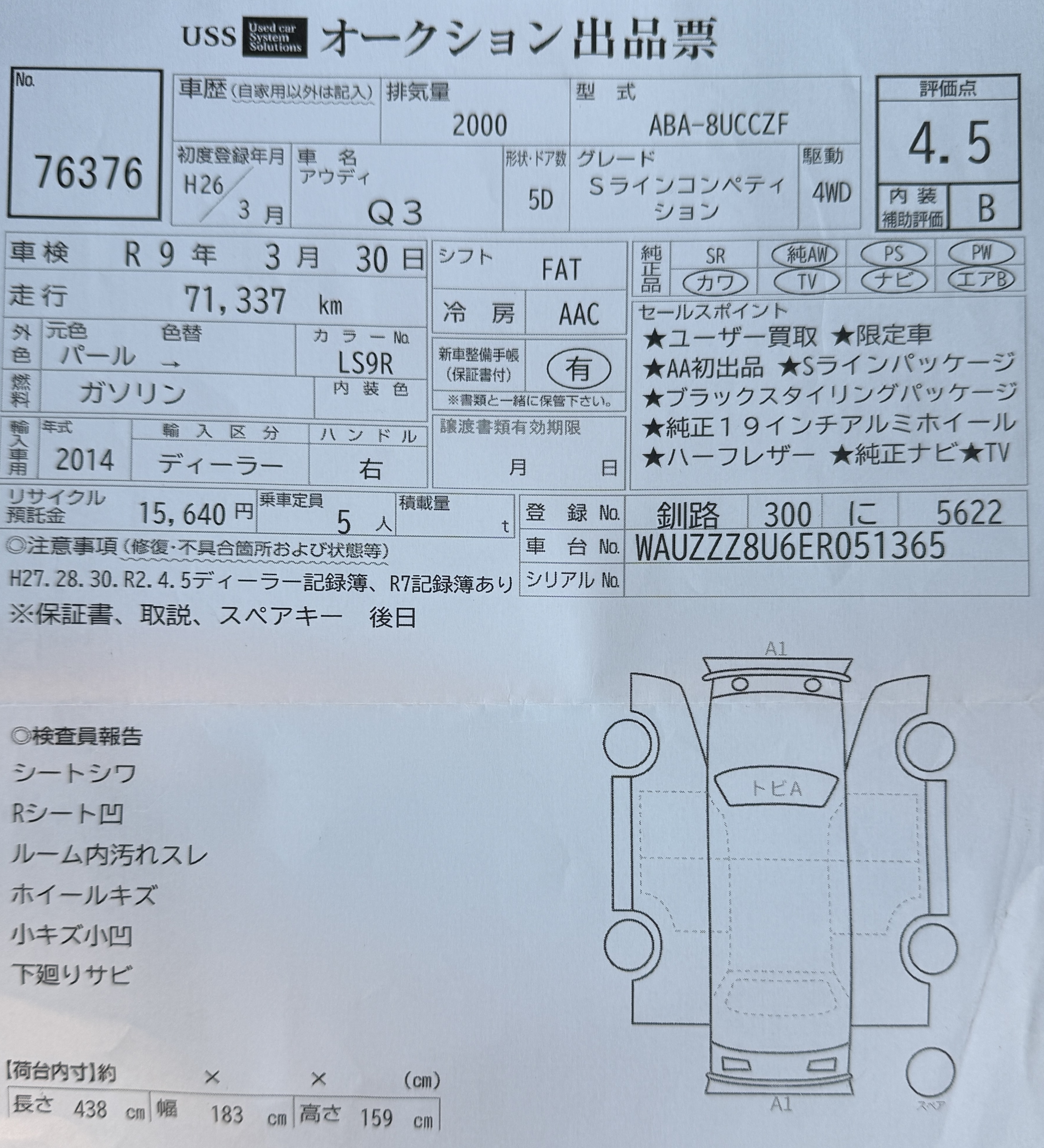 Original auction condition report for 2014 Audi Q3 S Line Quattro